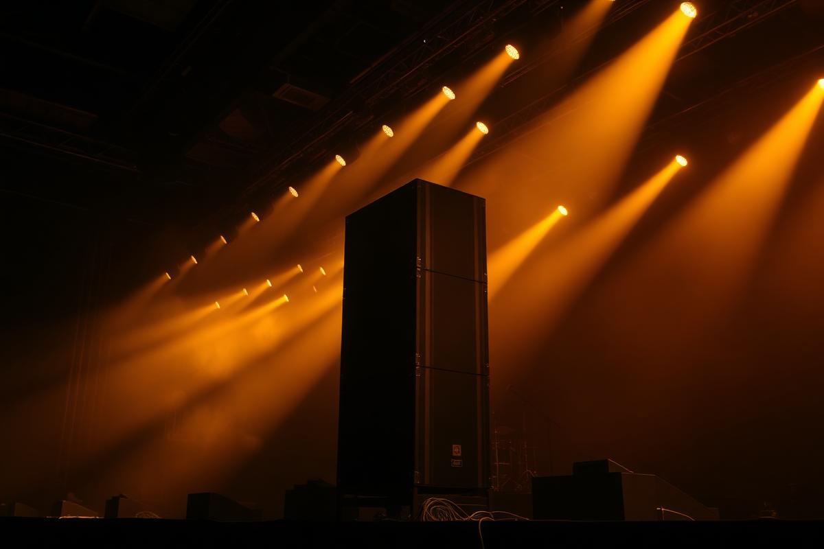 Concert line array speakers on a stage under warm lighting