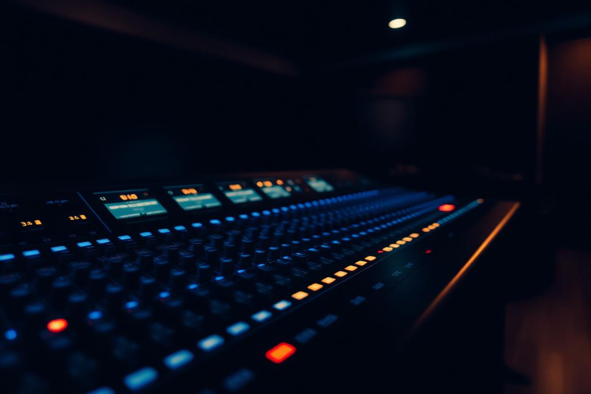 Professional mixing console with glowing faders in a studio
